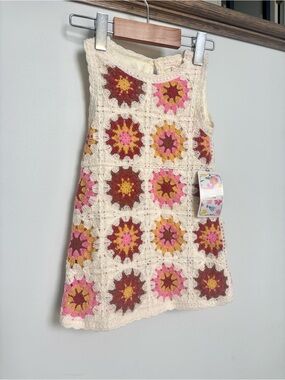 Girls Crochet Patchwork Dress in Cream with Pink & Brown Accents, size 18 months